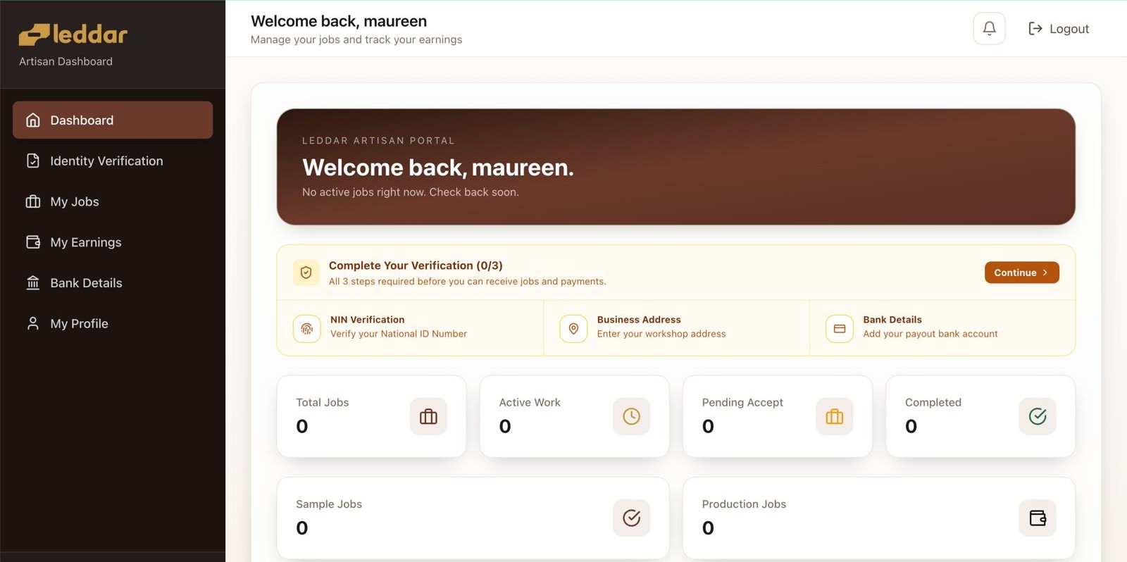 The Leddar artisan dashboard, showing jobs, verification steps and earnings